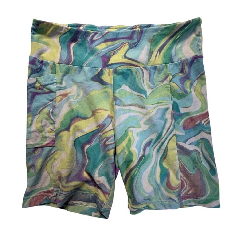 No Boundaries Girls Marble Swirl Biker Shorts Blue Green Purple Large 11-13
